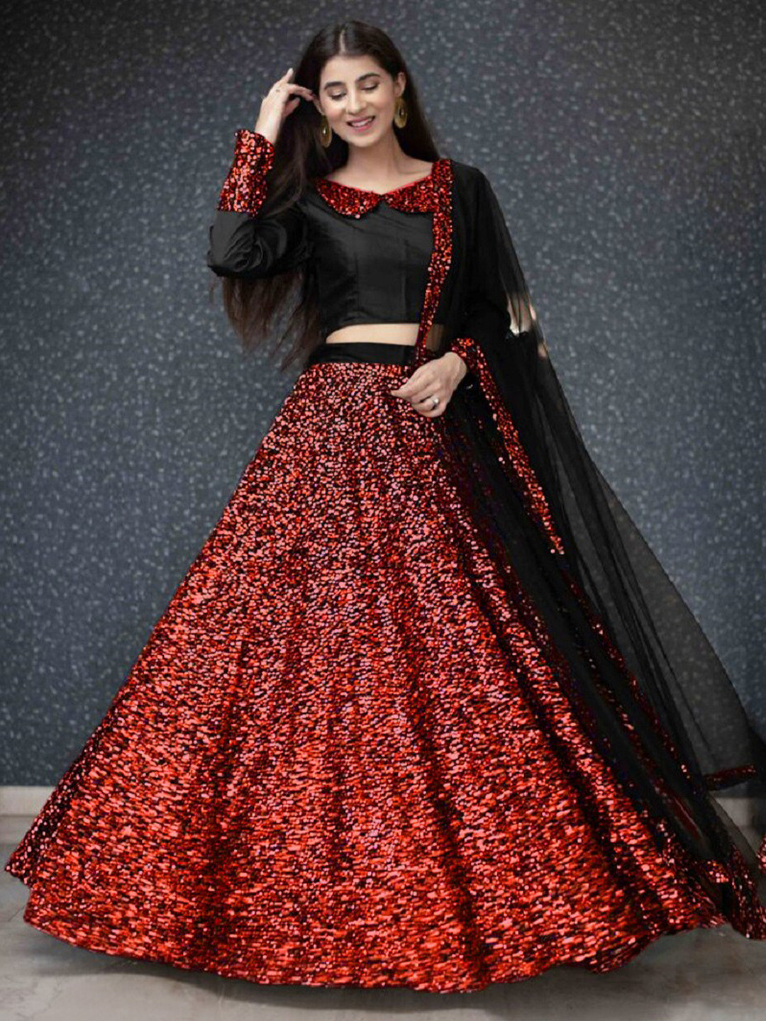 

JSItaliya Red & Black Embellished Sequinned Semi-Stitched Lehenga & Blouse With Dupatta