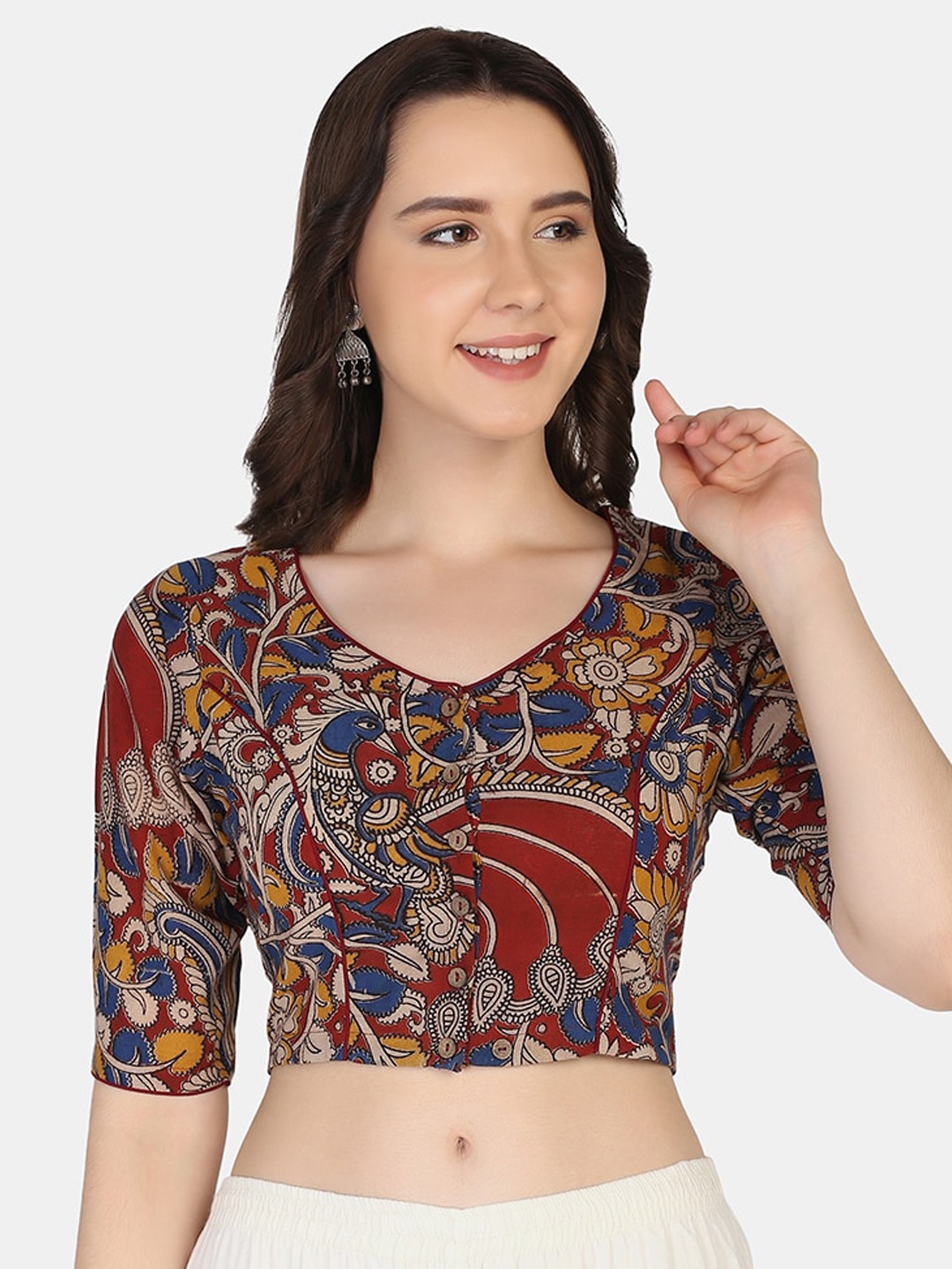 

THE WEAVE TRAVELLER Women Blue & Maroon Kalamkari Printed Cotton Saree Blouse