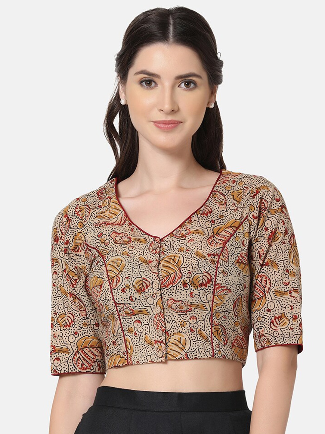 

THE WEAVE TRAVELLER Women Beige Block Printed Cotton Saree Blouse