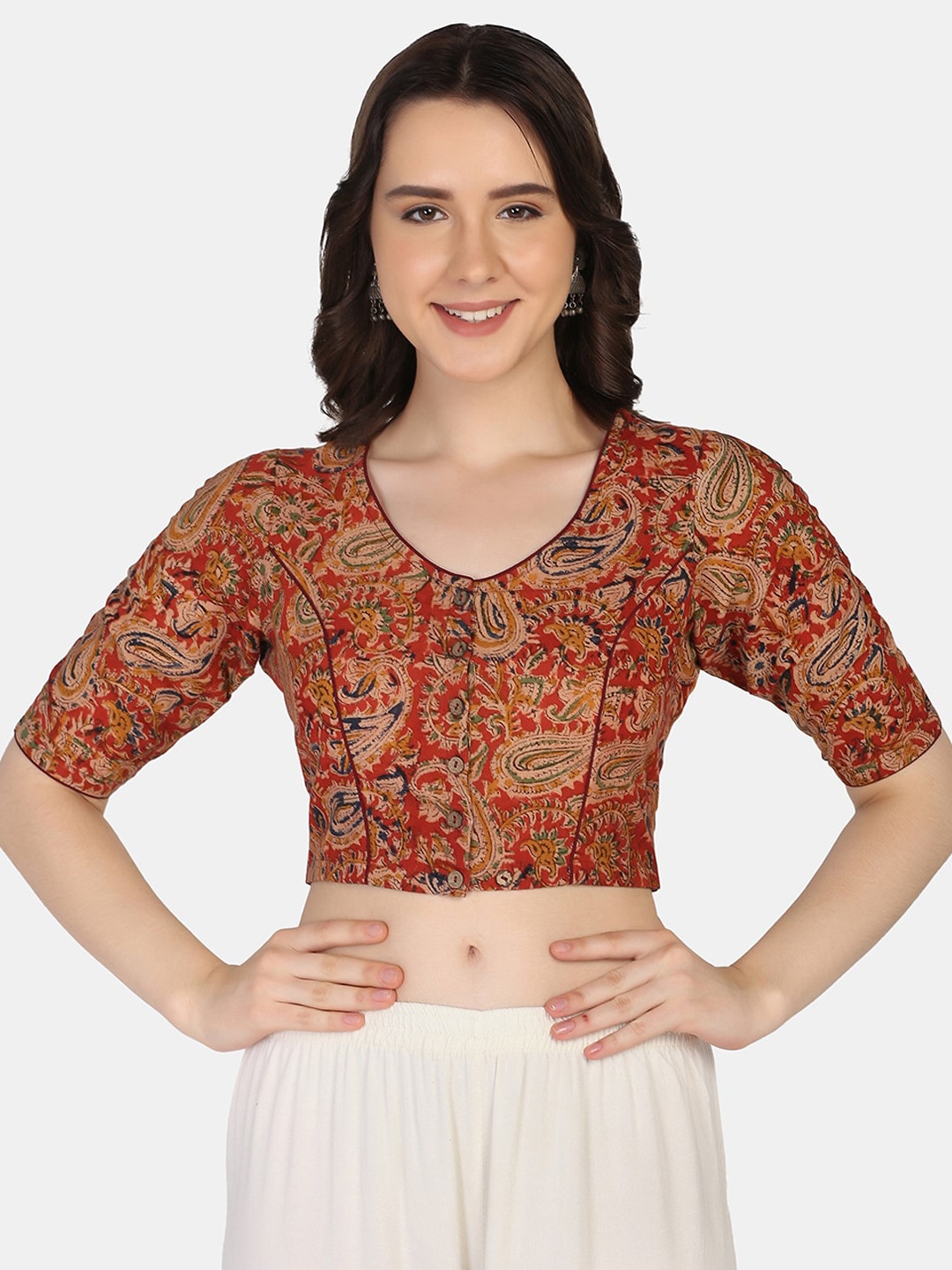 

THE WEAVE TRAVELLER Red Block Printed Kalamkari Cotton Readymade Saree Blouse