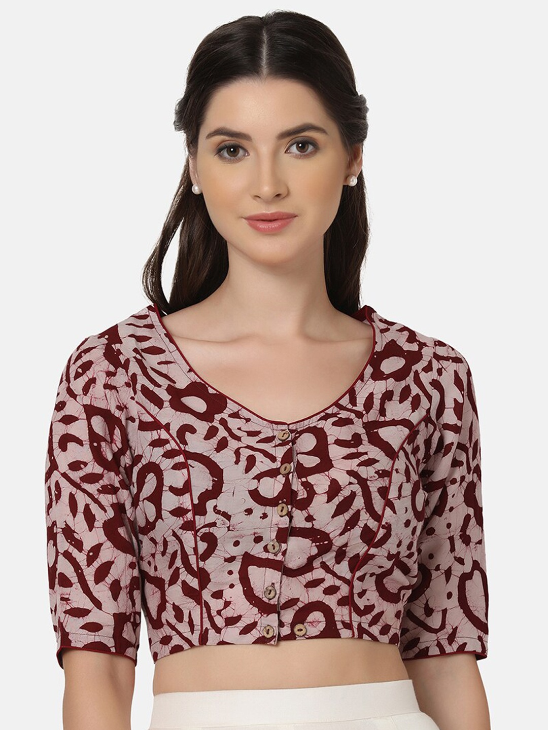 

THE WEAVE TRAVELLER Maroon Printed Cotton Saree Blouse