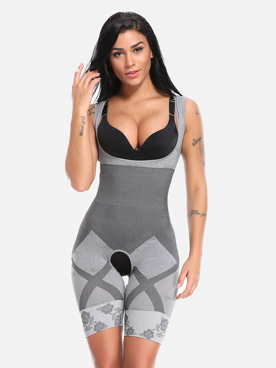 

DEALSEVEN FASHION Women Grey Striped Full Cotton Body Shapewear