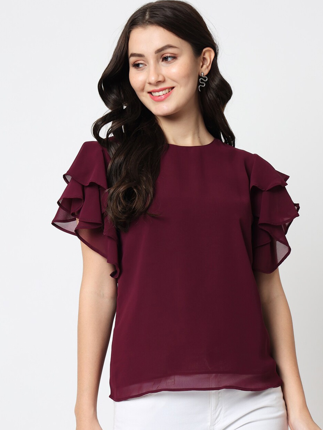 

CHARMGAL Women Maroon Solid Georgette Top