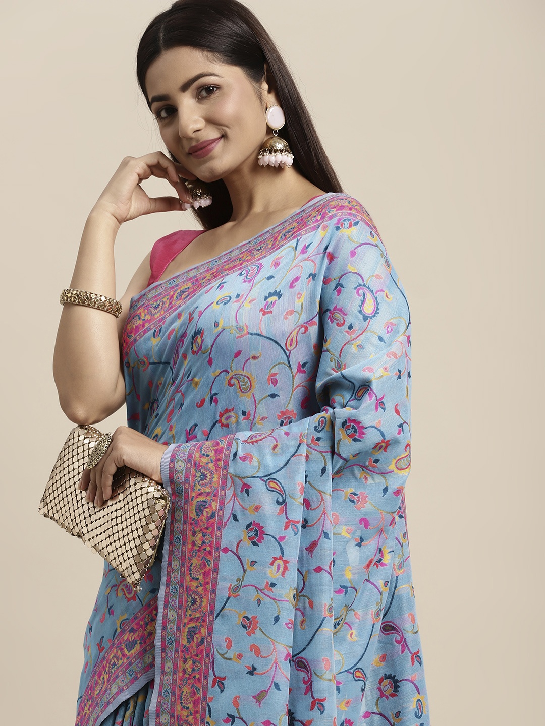 

AYKA CLOTHINGS Turquoise Blue Floral Pure Cotton Patola Saree