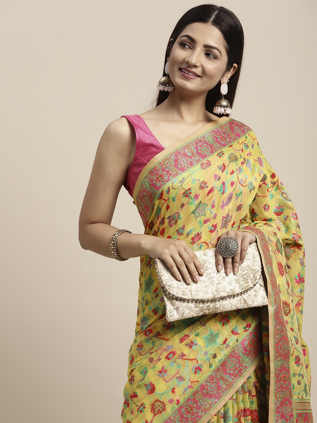 

AYKA CLOTHINGS Yellow Floral Pure Cotton Patola Saree