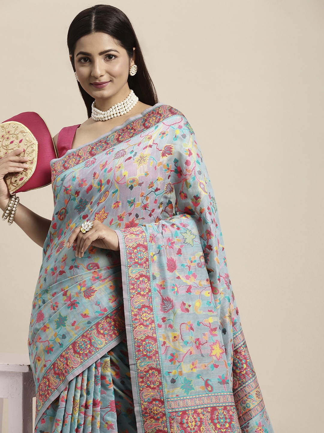 

AYKA CLOTHINGS Turquoise Blue Floral Pure Cotton Patola Saree