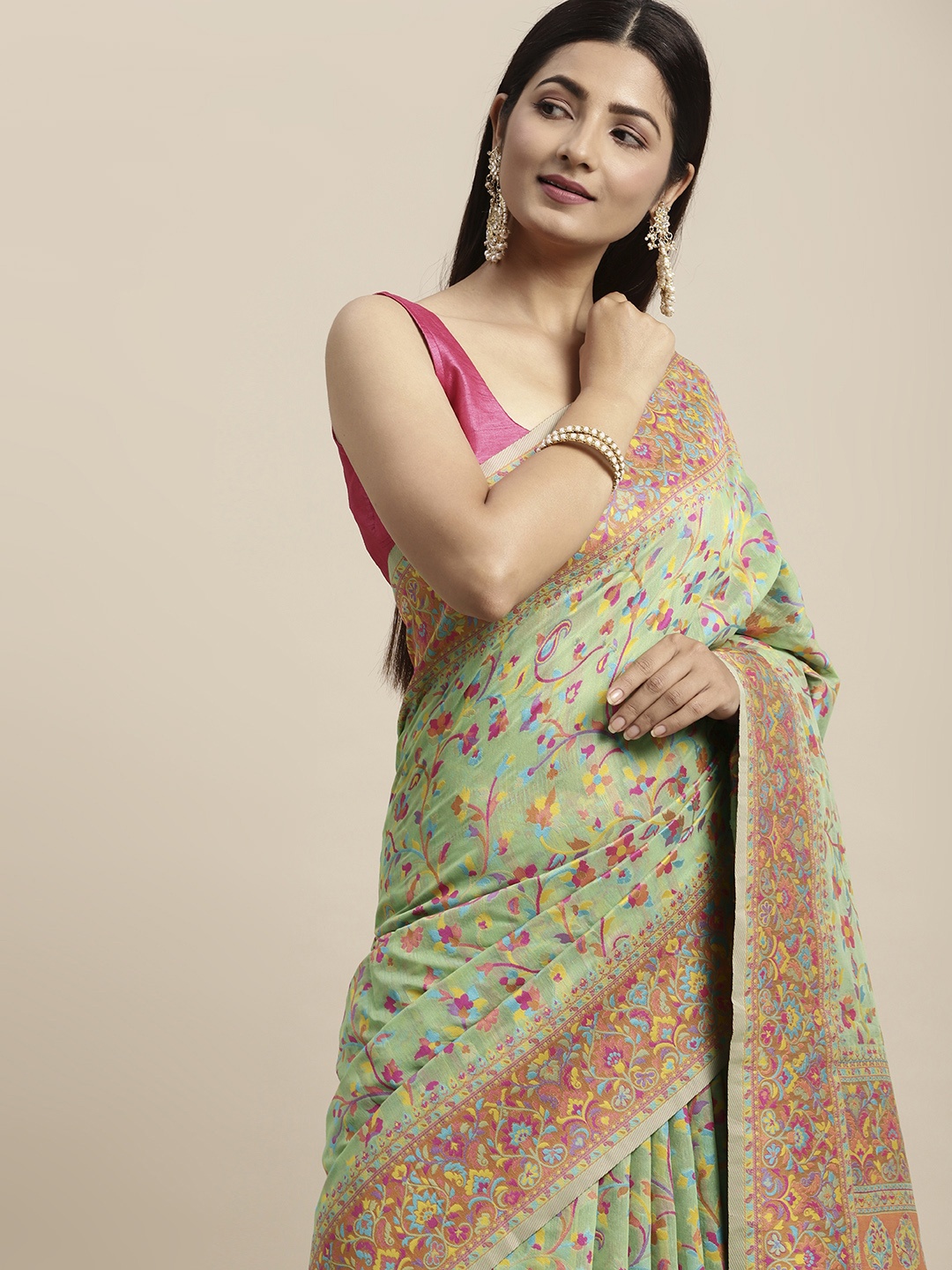 

AYKA CLOTHINGS Sea Green Floral Pure Cotton Patola Saree