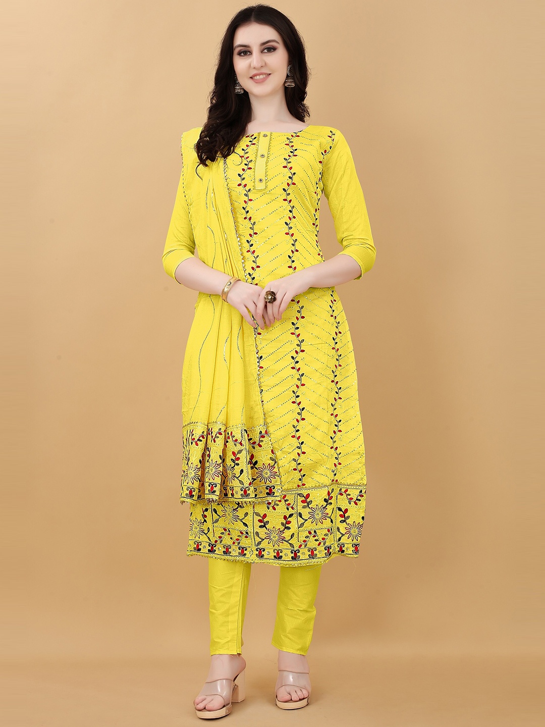 

APPLIX STYLE Yellow & Red Embroidered Unstitched Dress Material