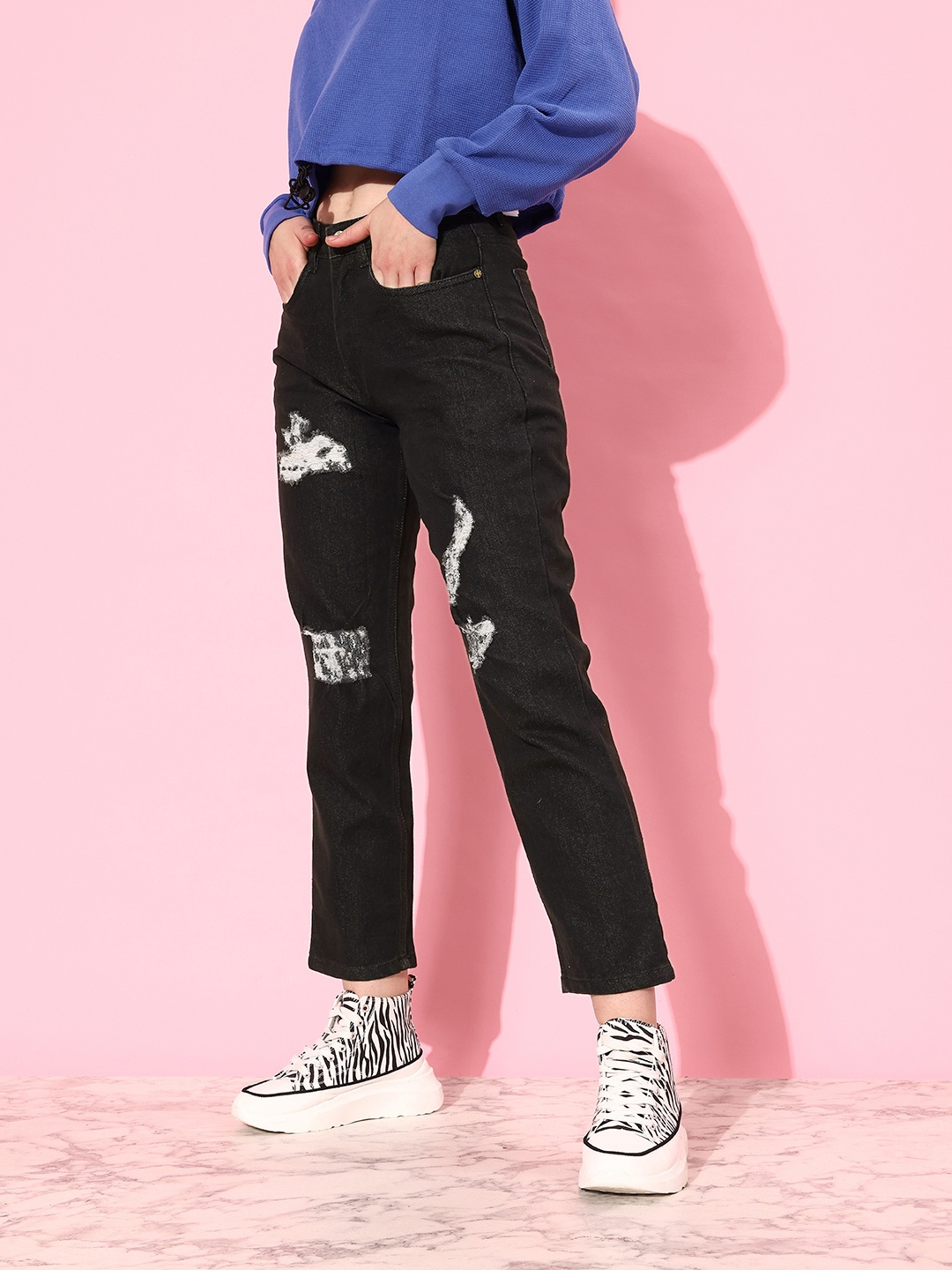 

Kook N Keech Women Straight Fit High-Rise Highly Distressed Stretchable Jeans, Black
