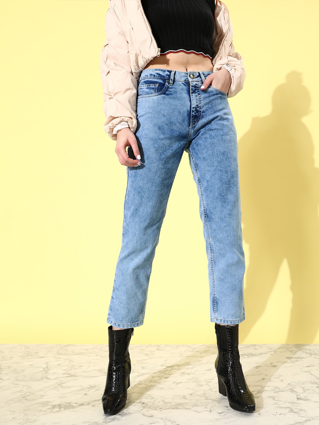 

Kook N Keech Women Straight Fit Heavy Fade Acid Wash High-Rise Cropped Jeans, Blue