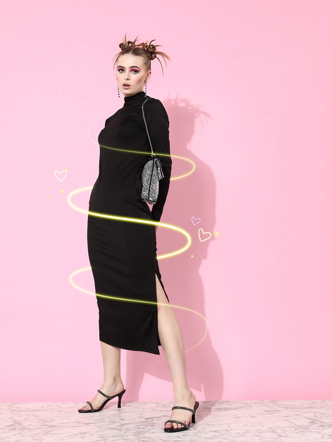 

Kook N Keech Jet Black Solid Mock Neck Long Sleeves Sheath Midi Dress