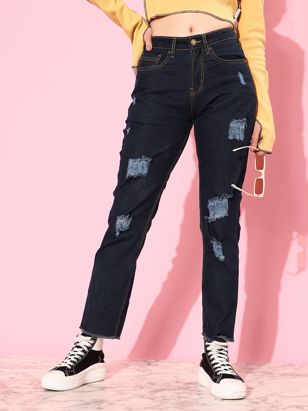 

Kook N Keech Women Straight Fit Highly Distressed Stretchable Jeans, Black