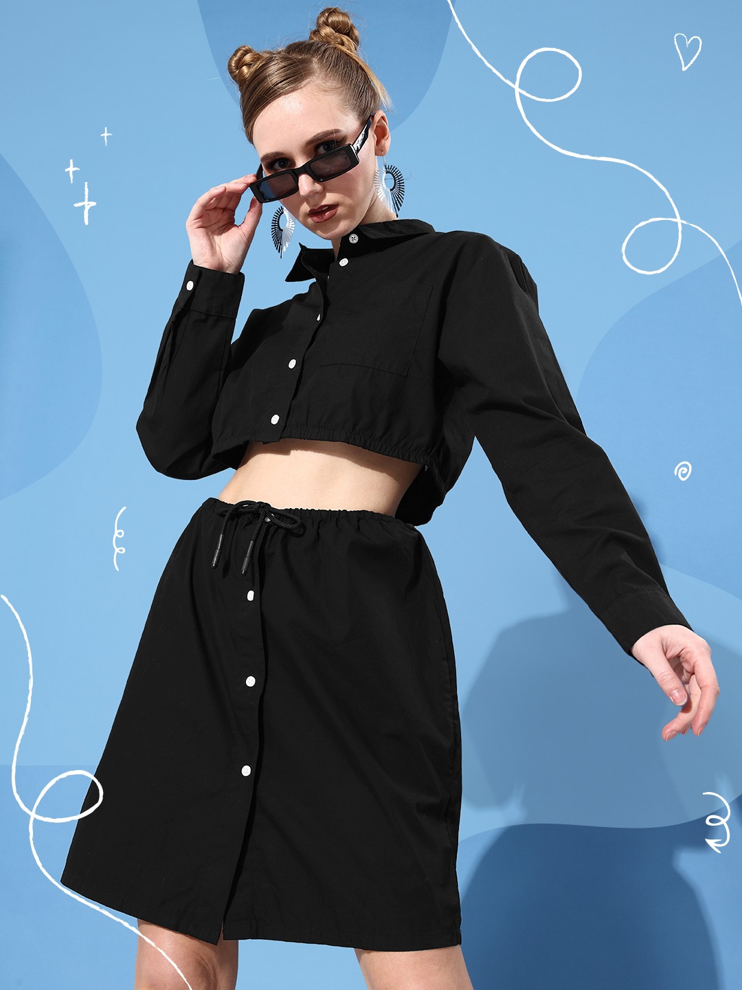 

Kook N Keech Women Inky Black College Cool Pure Cotton Shirt With A-Line Skirt Co-Ords Set