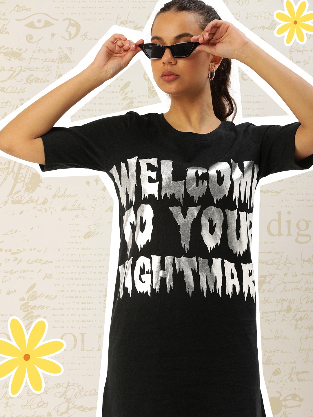 

Kook N Keech Black & Silver-Toned Typography Printed T-shirt Mini Dress
