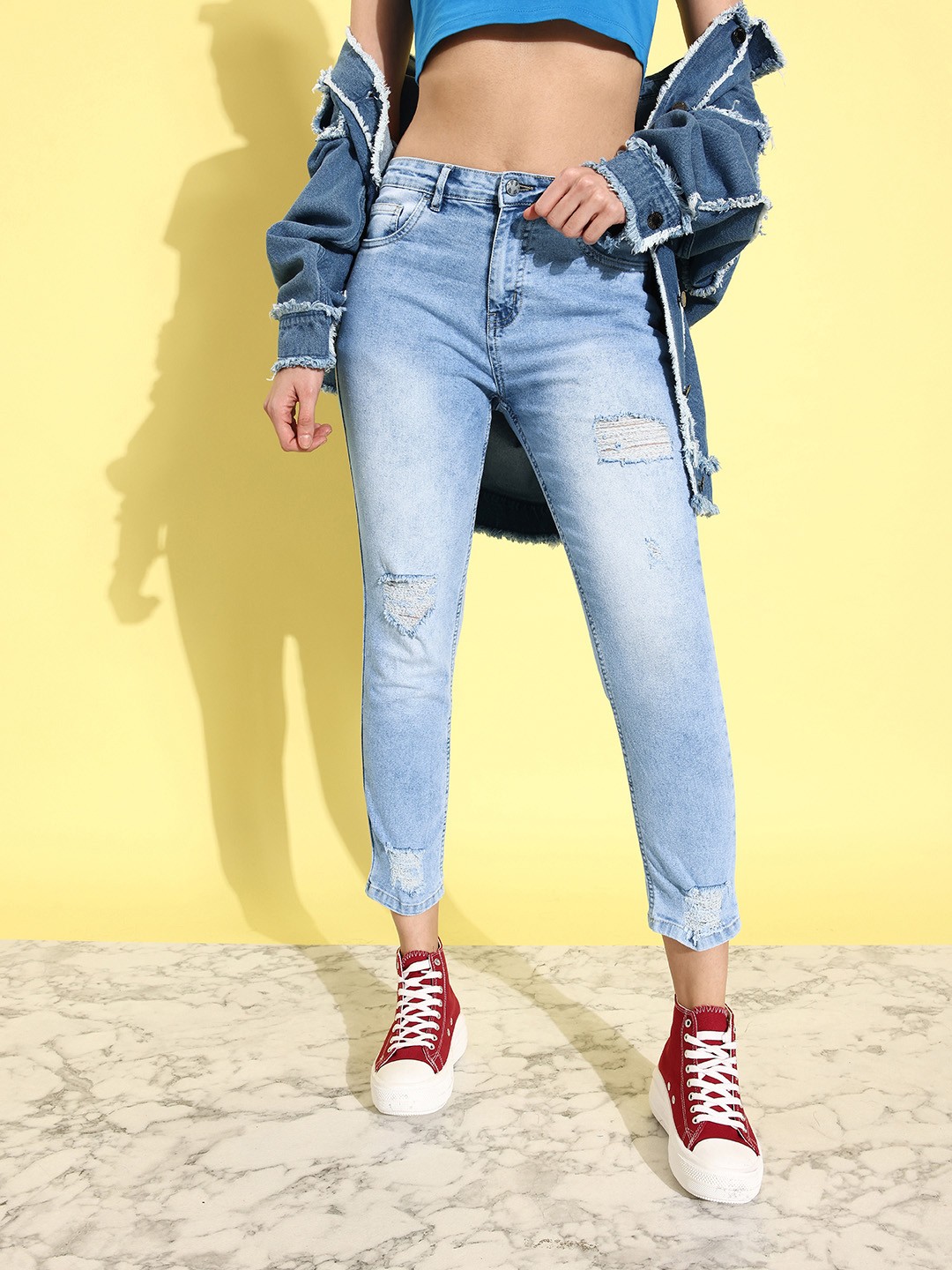 

Kook N Keech Women Slim Fit High-Rise Mildly Distressed Light Fade Stretchable Jeans, Blue