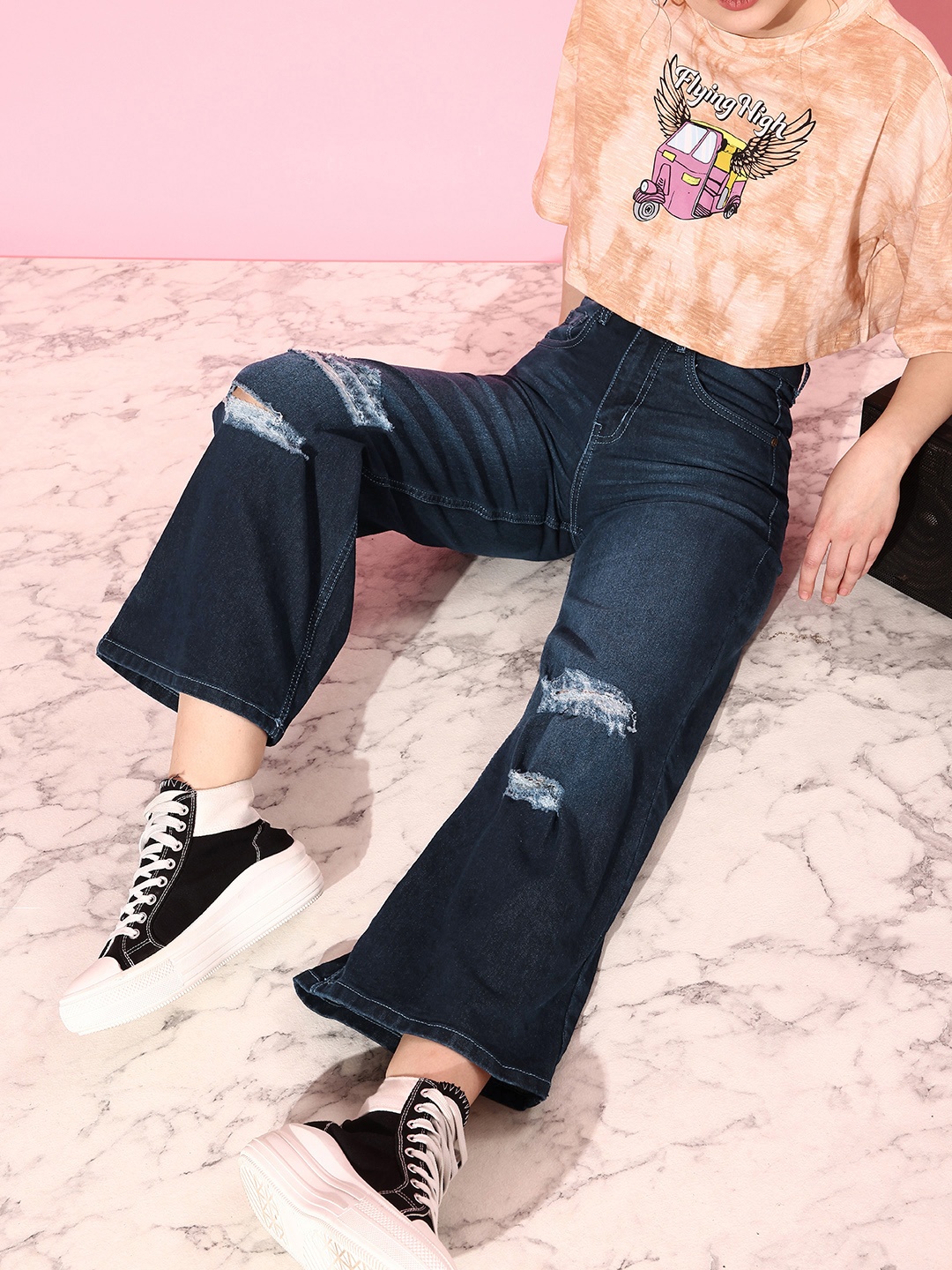 

Kook N Keech Women Flared Highly Distressed Light Fade Stretchable Jeans, Blue
