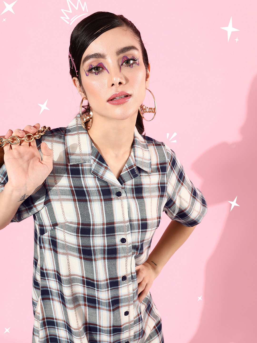 

Kook N Keech Pure Cotton Checked Shirt Dress, Cream