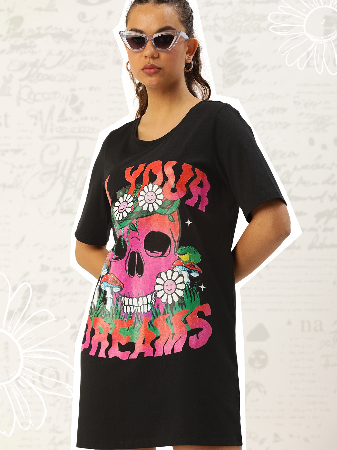 

Kook N Keech Black & Pink Graphic Printed T-shirt Mini Dress