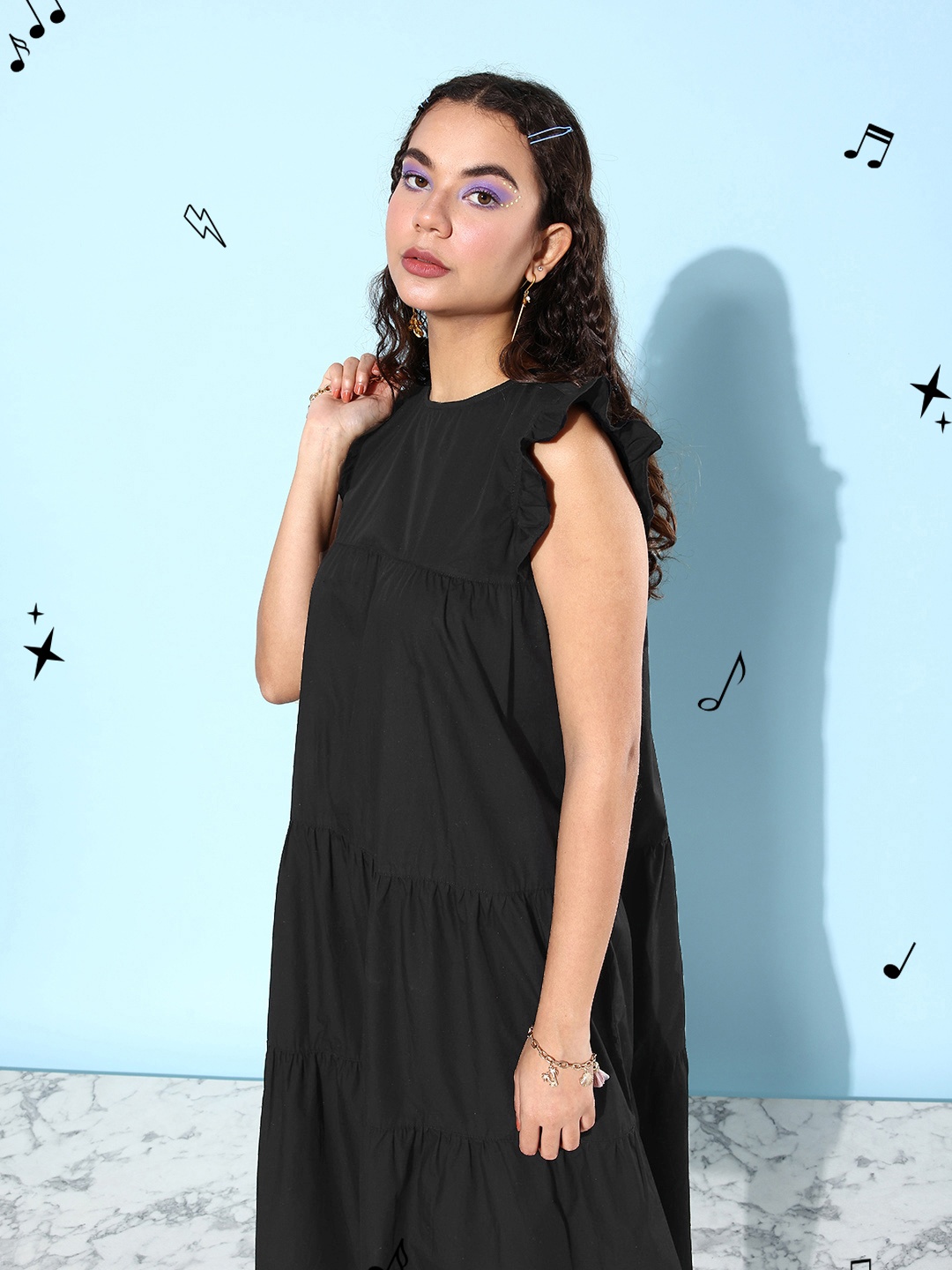 

Kook N Keech Pure Cotton Solid A-Line Tired Midi Dress, Black