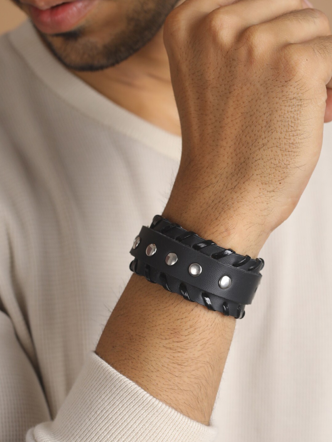 

Priyaasi Men Black & Silver-Toned Leather Wraparound Bracelet