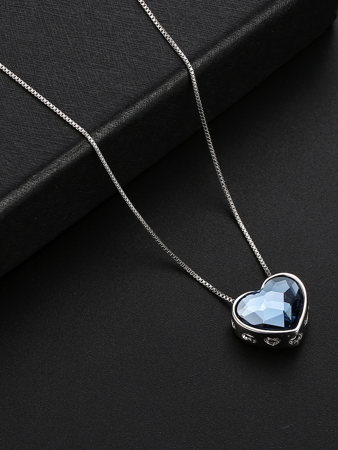 

Jewels Galaxy Rhodium-Plated & Blue CZ Studded Heart Pendant With Chain, Silver