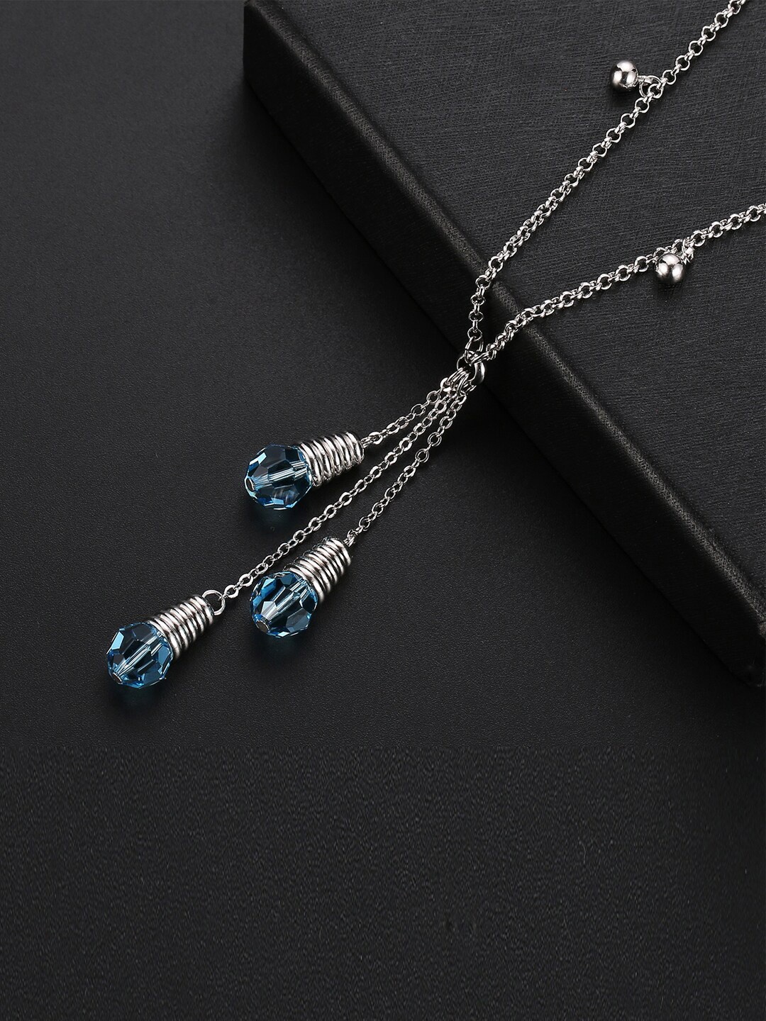 

Jewels Galaxy Rhodium-Plated Silver-Toned Blue Crystal Studded Pendant