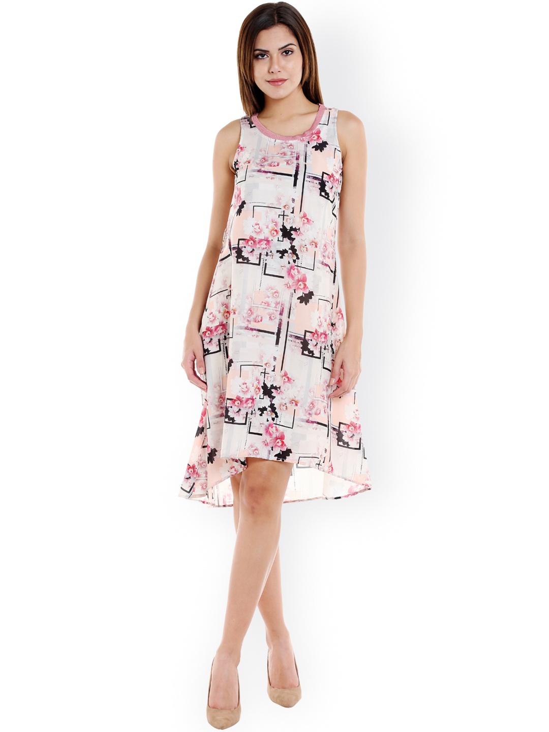 

109F Women Peach-Coloured Floral Print High-Low Dress