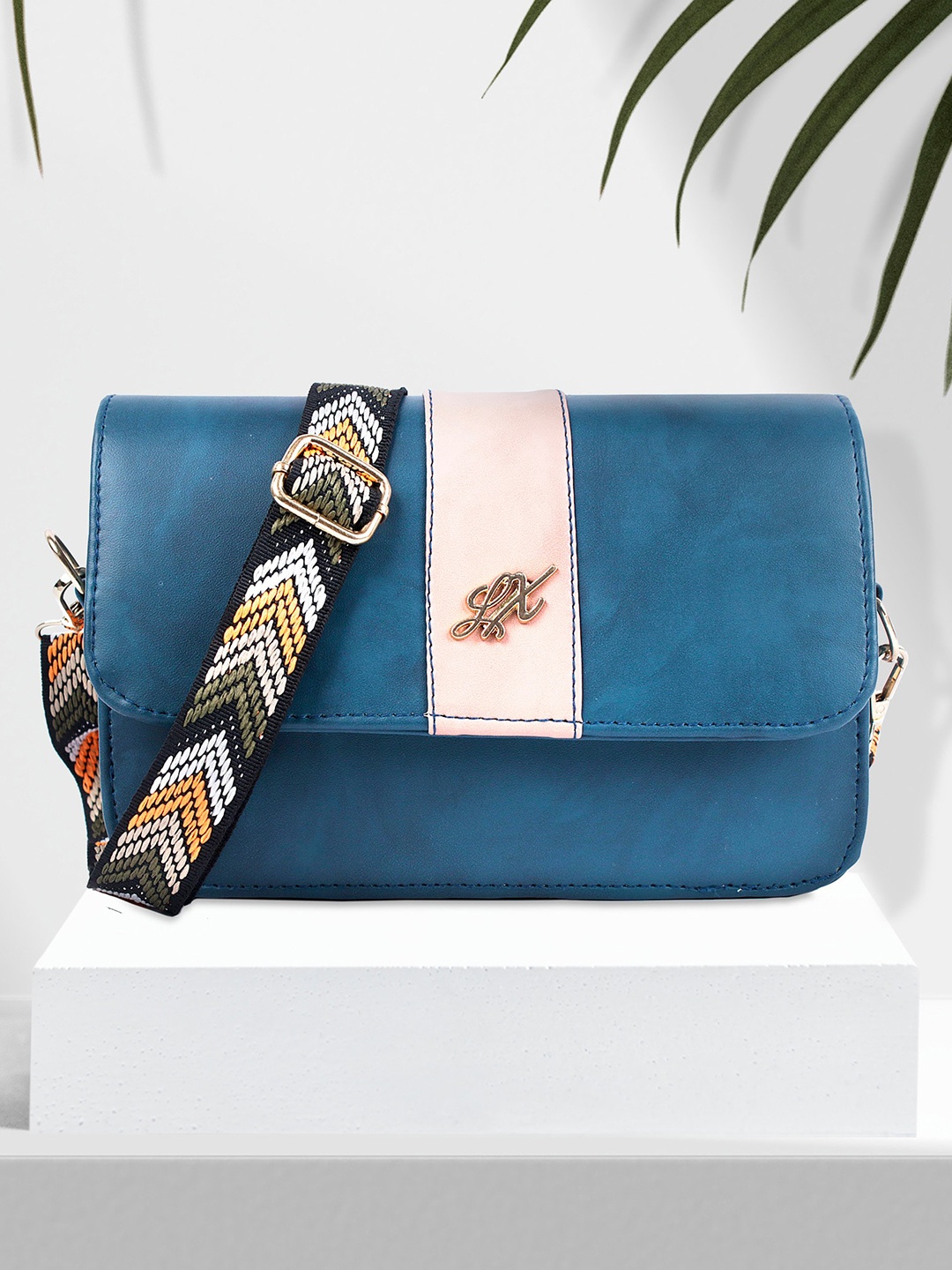 

LEKHX Blue Colourblocked Structured Sling Bag