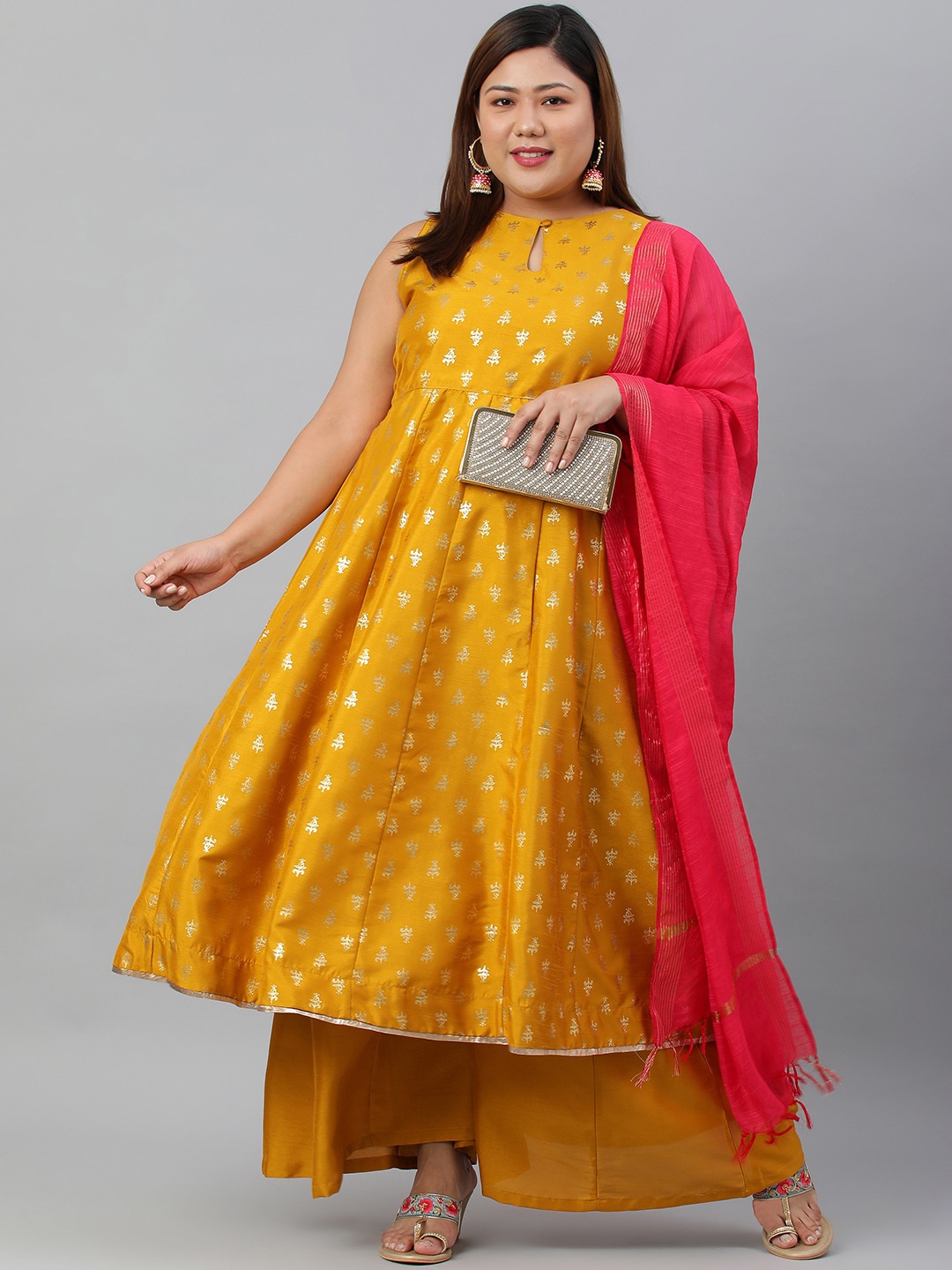 

XL LOVE by Janasya Plus Size Women Mustard Yellow Floral Printed Poly Silk Kurta with Palazzos & Dupatta