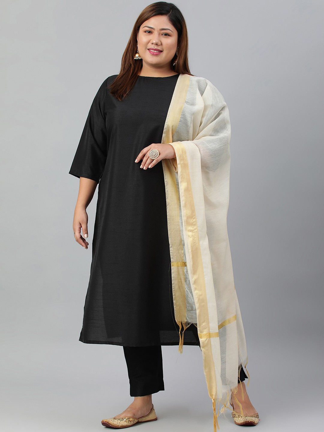 

XL LOVE by Janasya Women's Plus Size Black Poly Silk Kurta With Pant and Dupatta