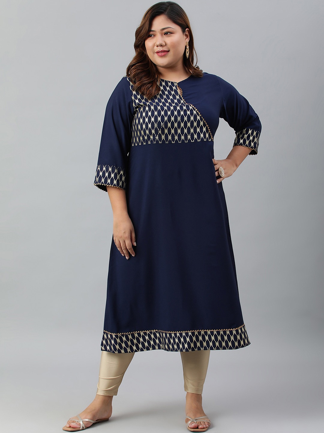 

XL LOVE by Janasya Women's Plus Size Navy Blue Poly Crepe Ethnic Motifs Kaftan kurta