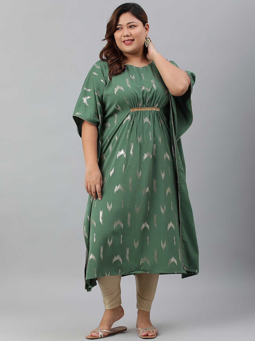 

XL LOVE by Janasya Women Plus Size Green Poly Crepe Foil Print Kaftan kurta