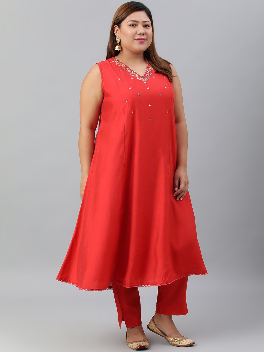

XL LOVE by Janasya Women Plus Size Red Embroidered Thread Work Art Silk Kurta with Trouser