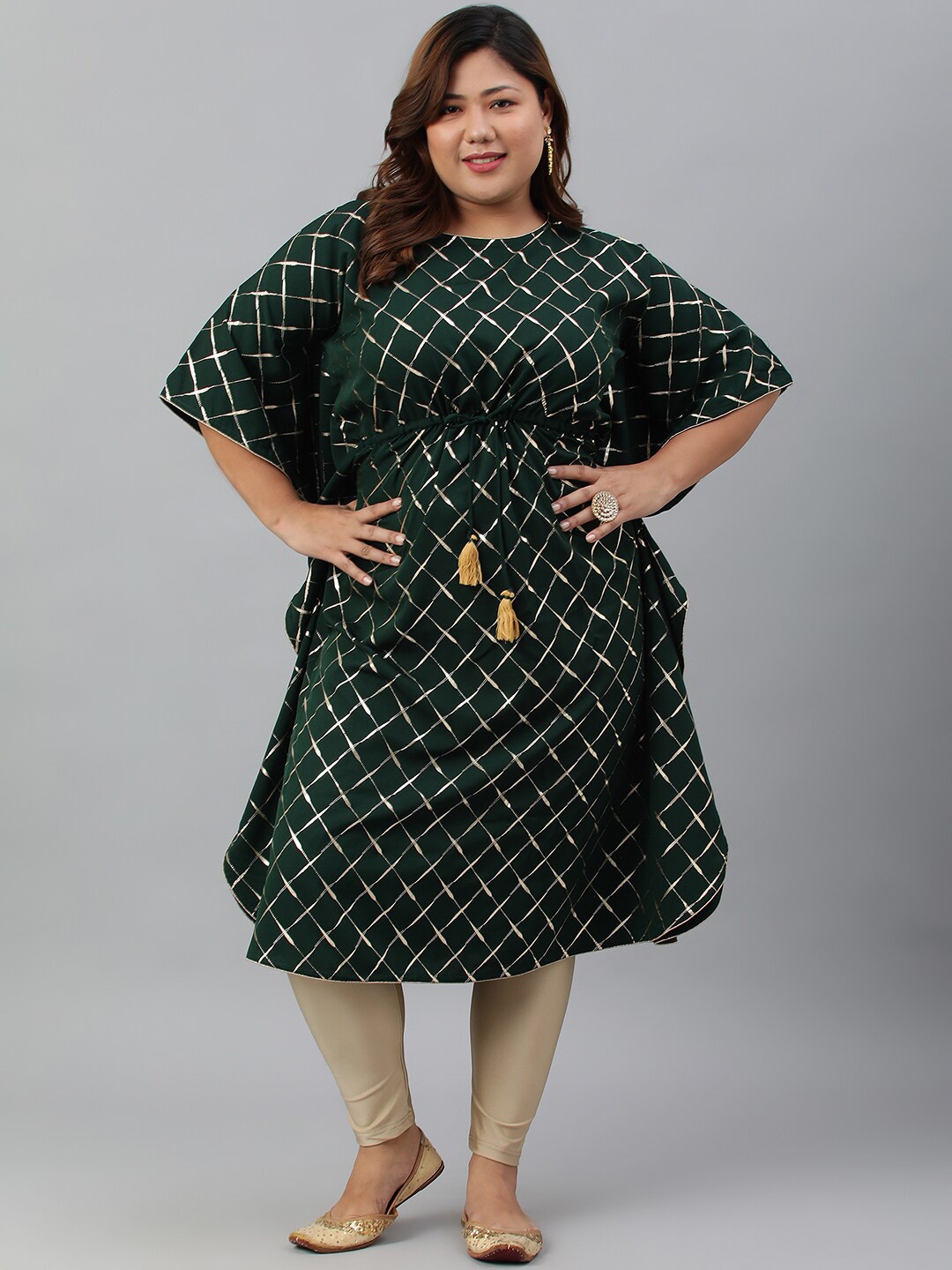 

Janasya Women's Plus Size Green Poly Crepe Checkered Kaftan kurta
