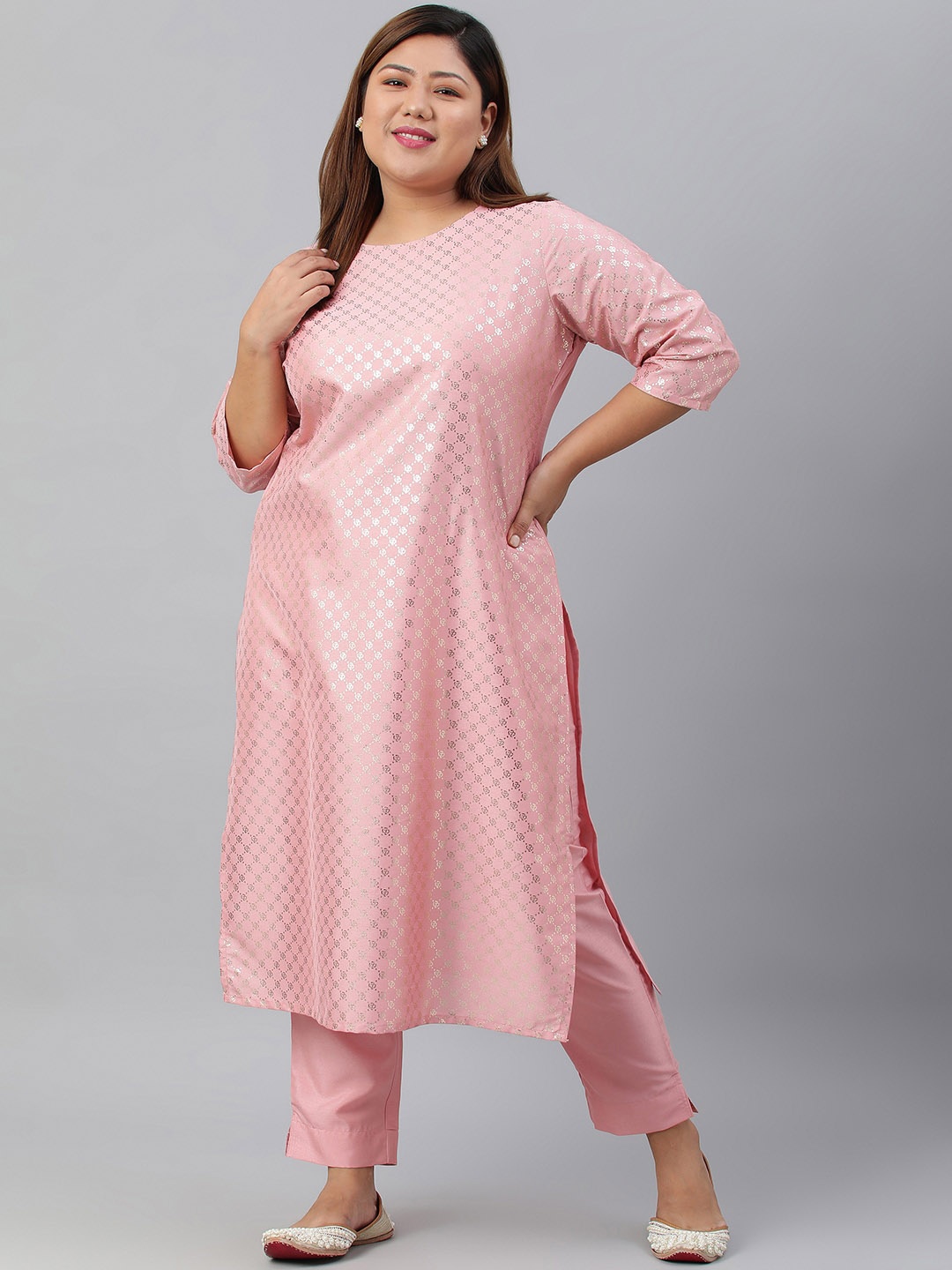 

Janasya Women's Plus Size Pink Poly Silk Kurta With Pant