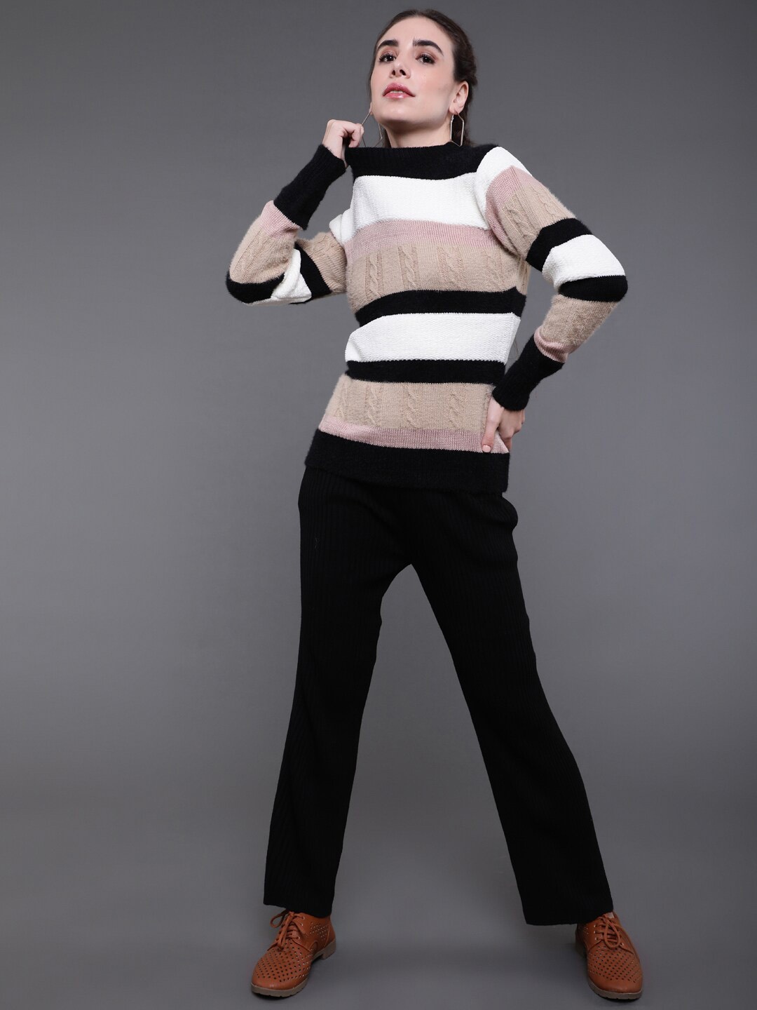 

saubhagya Women Black & White Striped Woolen Co-Ords