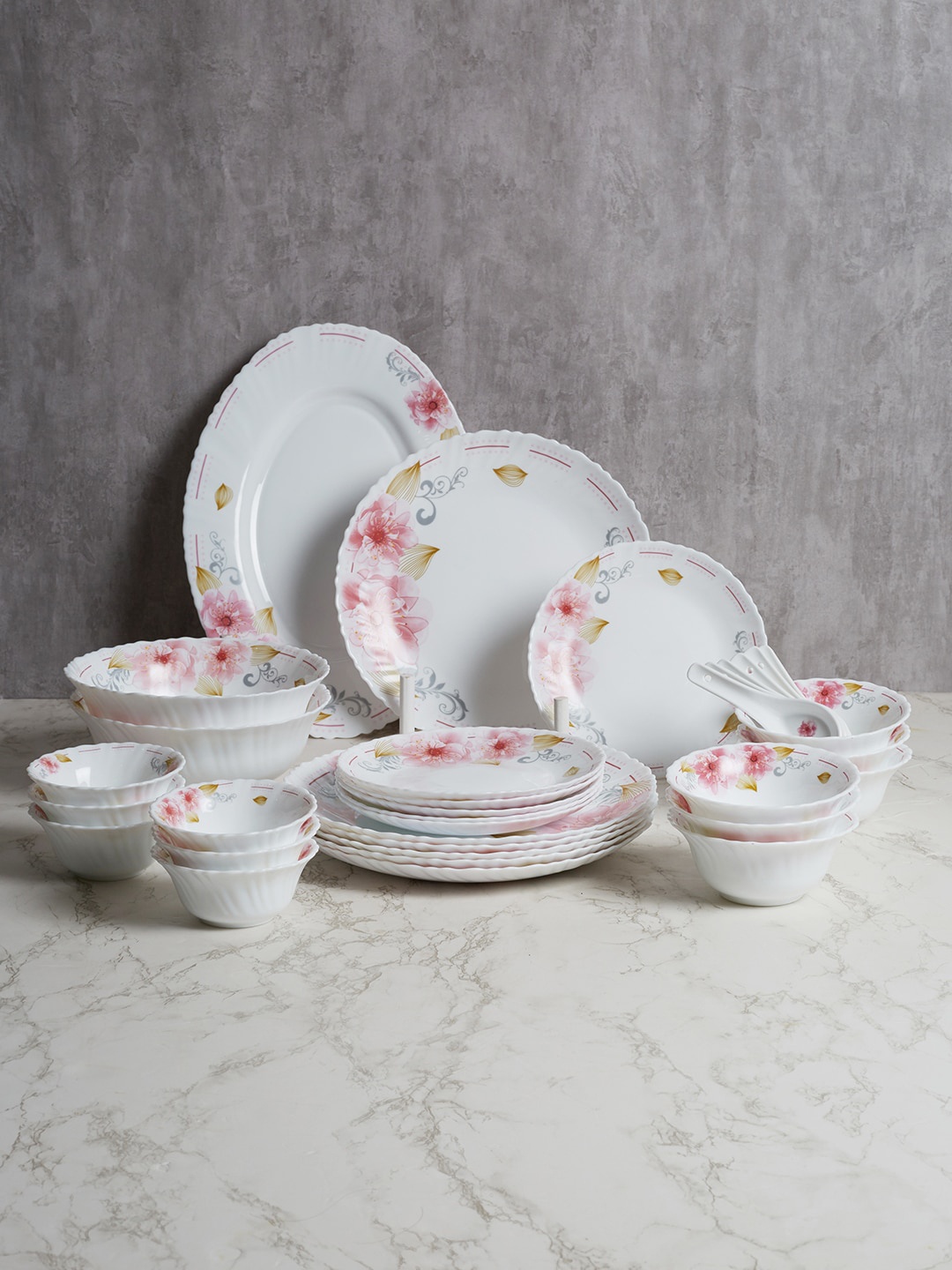 

HomeTown White & Pink 33 Pieces Dishwasher & Microwave safe Opalware Glossy Dinner Set