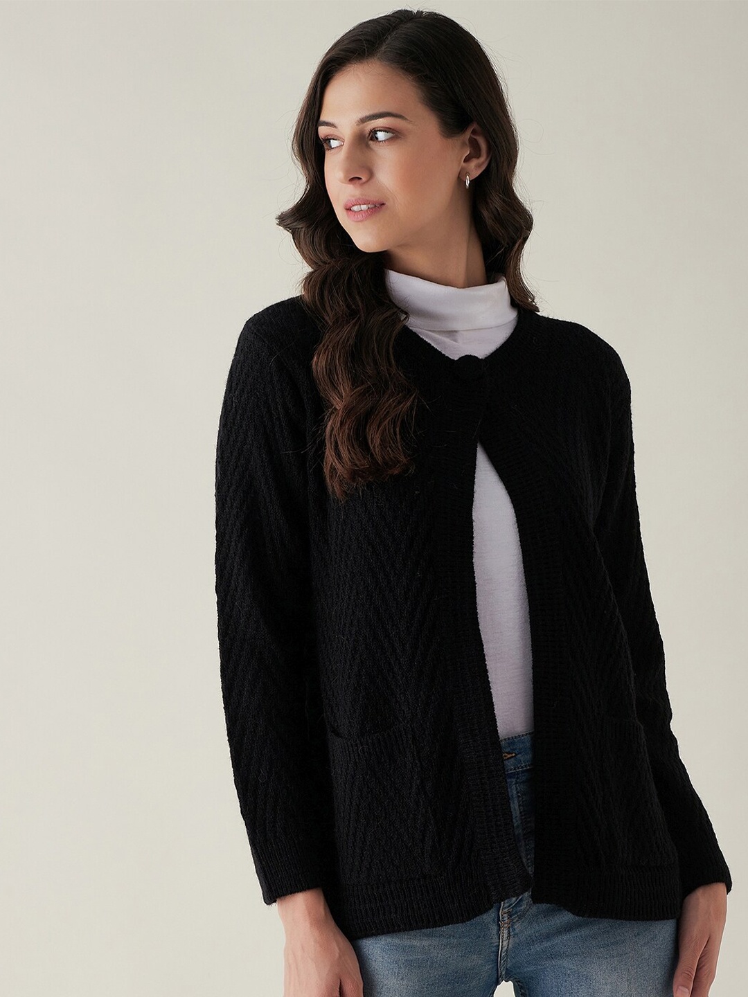 

RIVZA Women Black Cable Knit Cardigan
