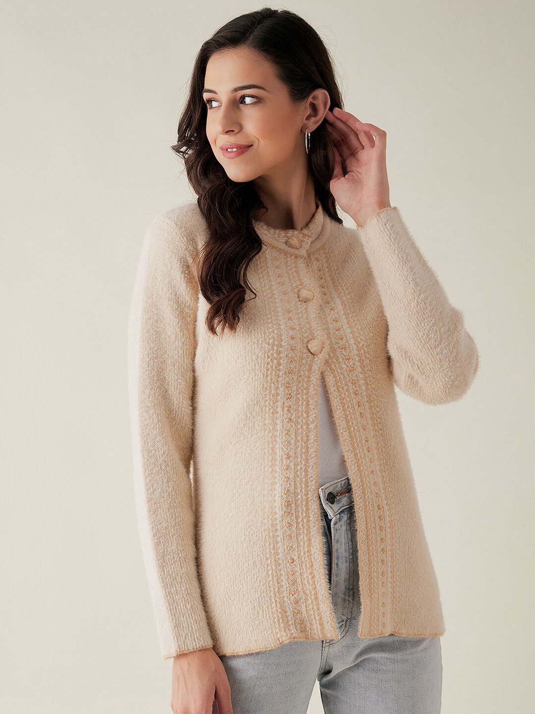 

RIVZA Women Beige Embroidered Acrylic Cardigan
