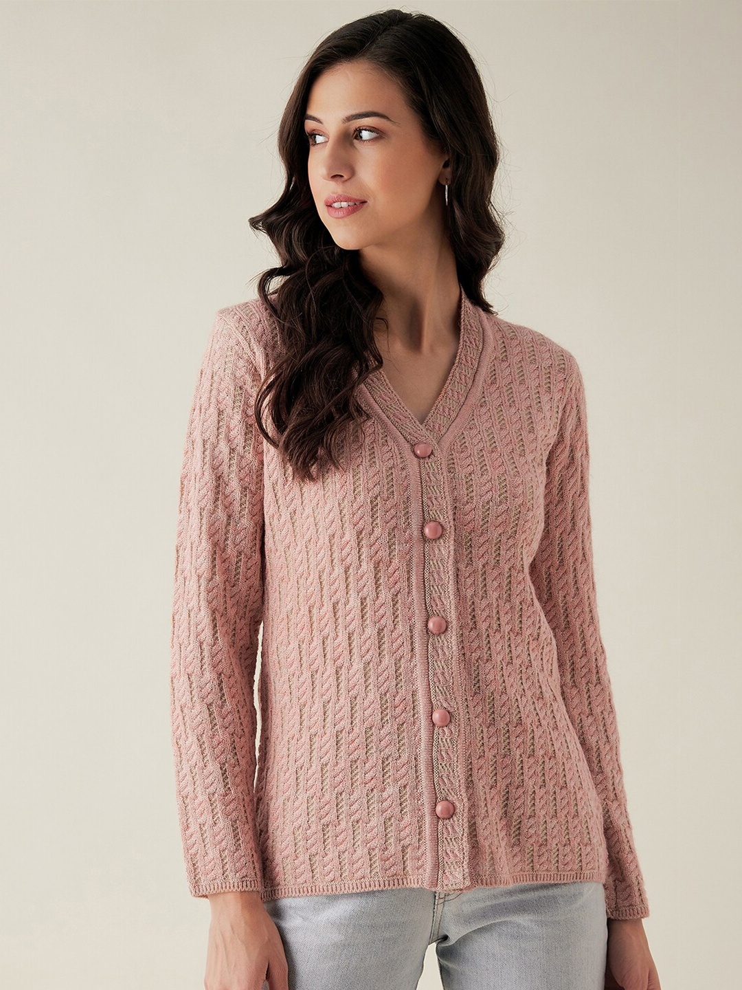 

RIVZA Women Peach-Coloured Cable Knit Acrylic Cardigan