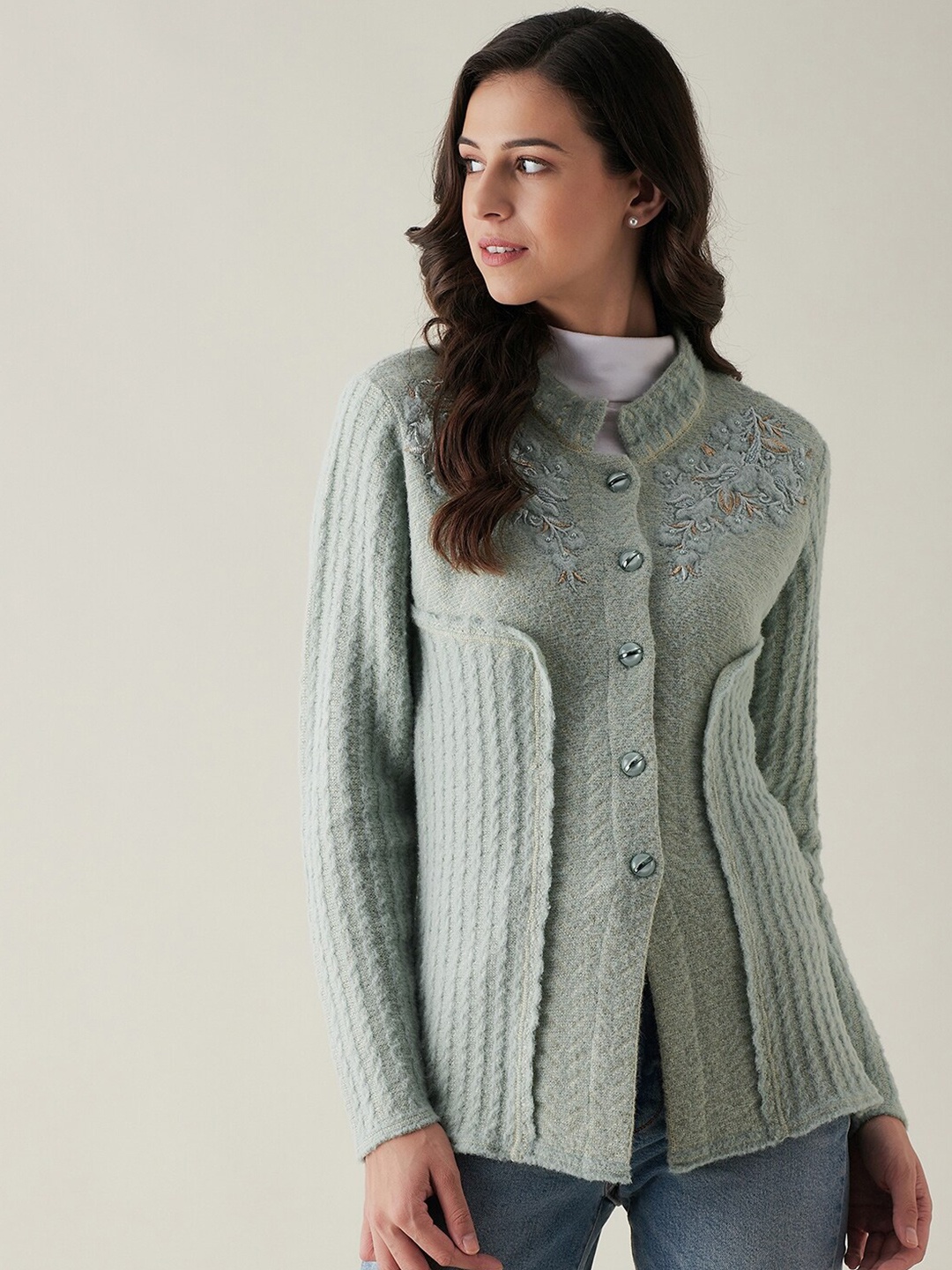 

RIVZA Women Green Cable Knit Longline Cardigan