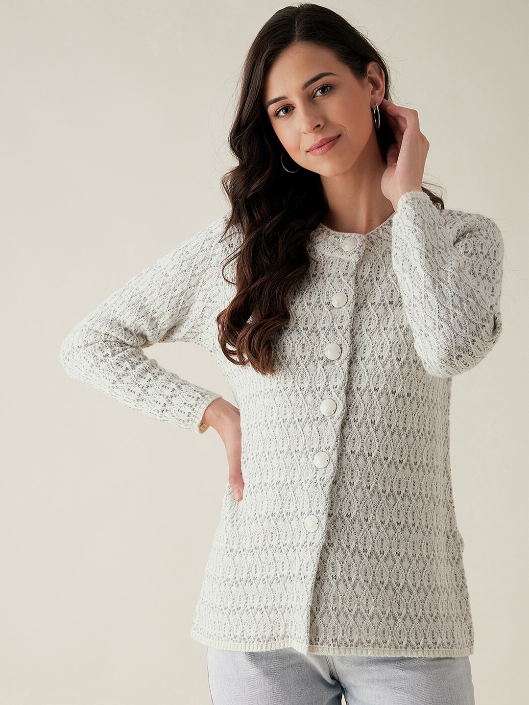 

RIVZA Women Grey Cable Knit Cardigan