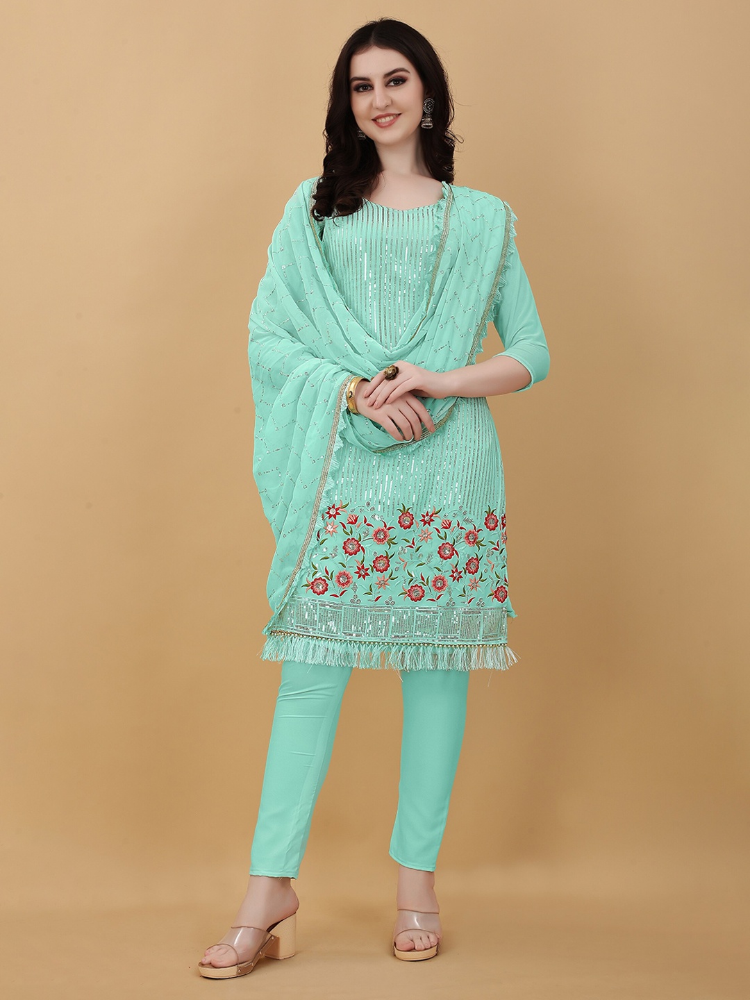 

APPLIX STYLE Women Blue & Silver-Toned Embroidered Unstitched Dress Material