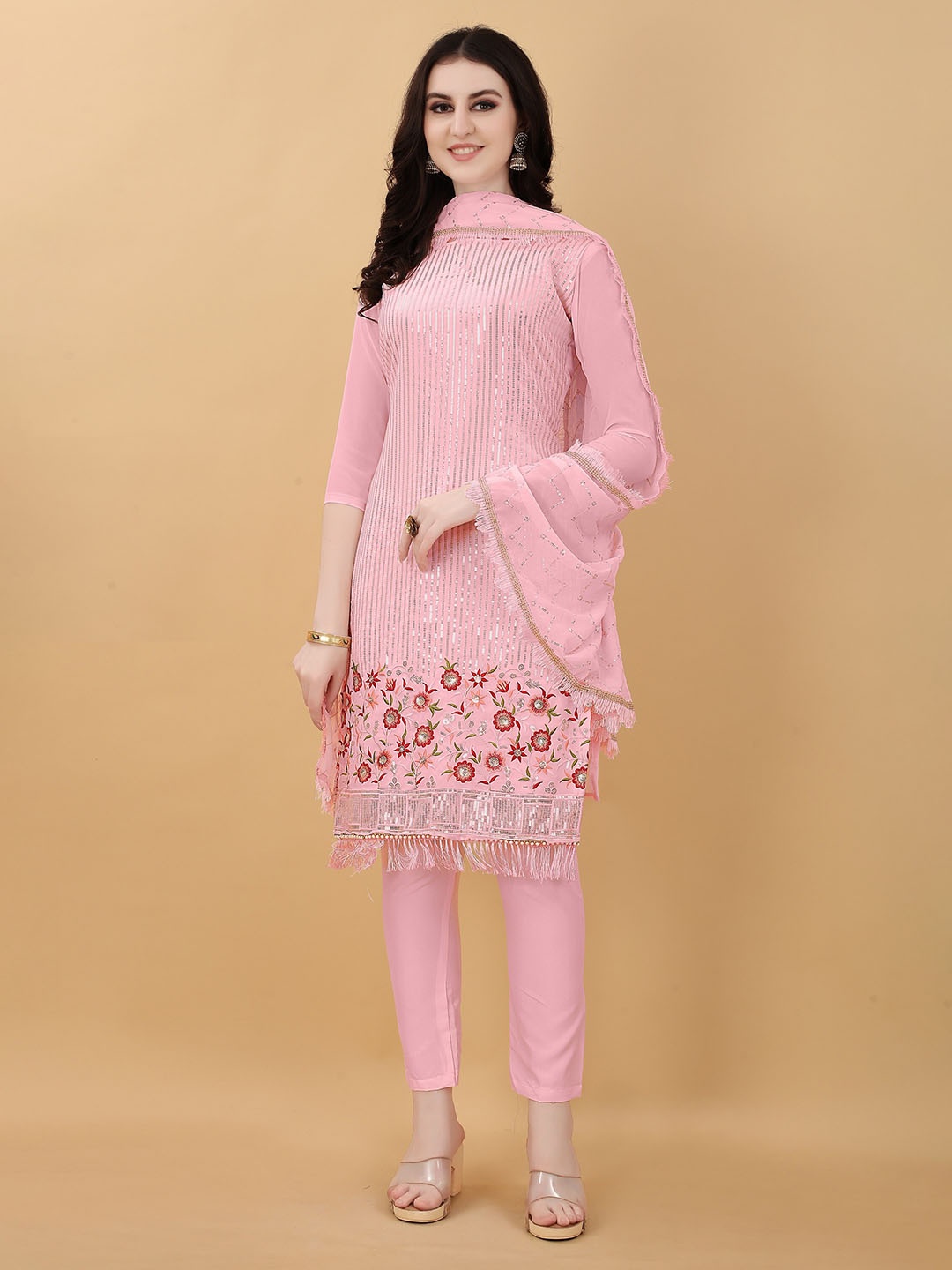 

APPLIX STYLE Women Pink & Silver Embroidered Silk Georgette Unstitched Dress Material
