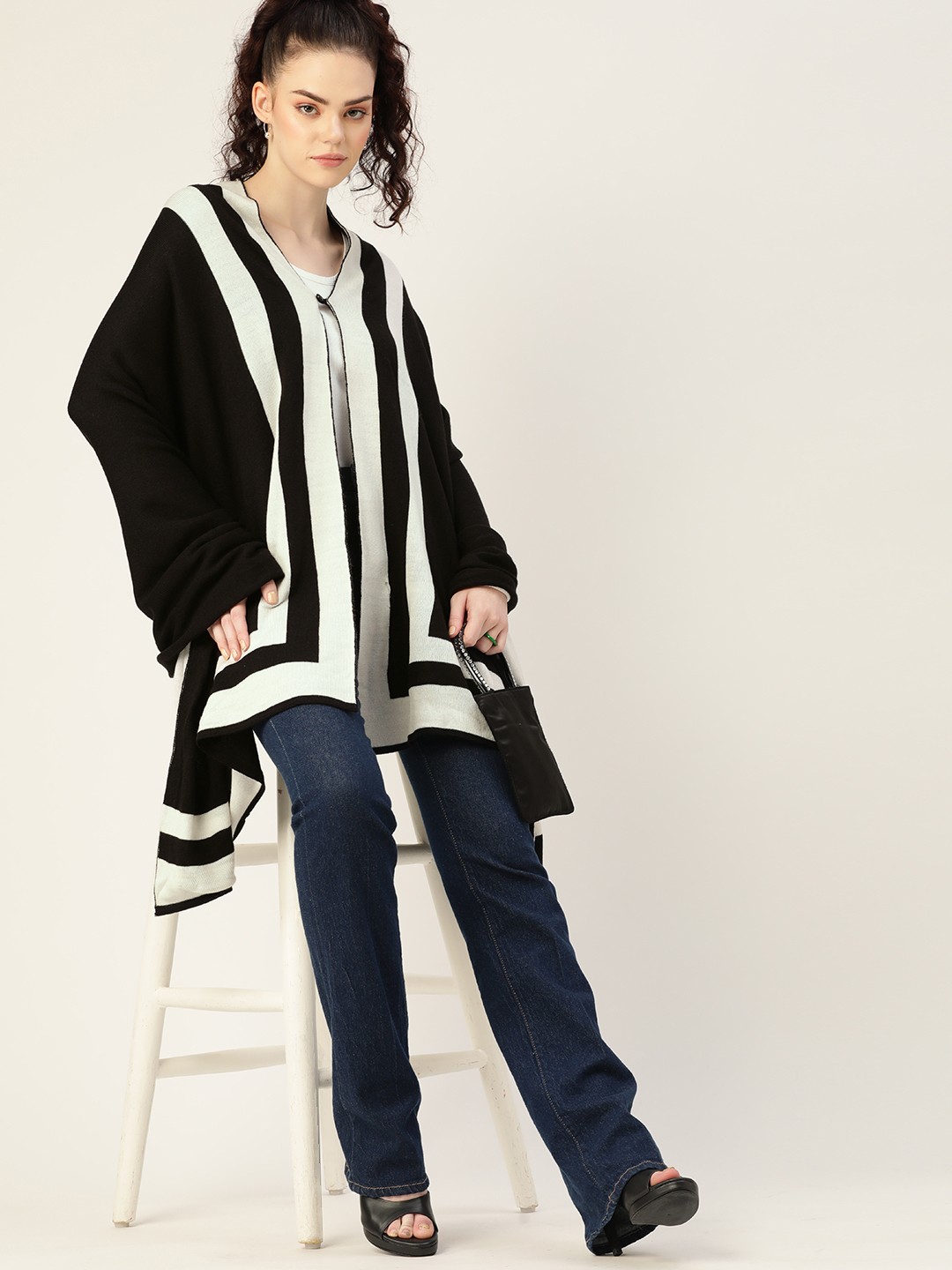 

DressBerry Women Black & White Striped Acrylic Longline Poncho