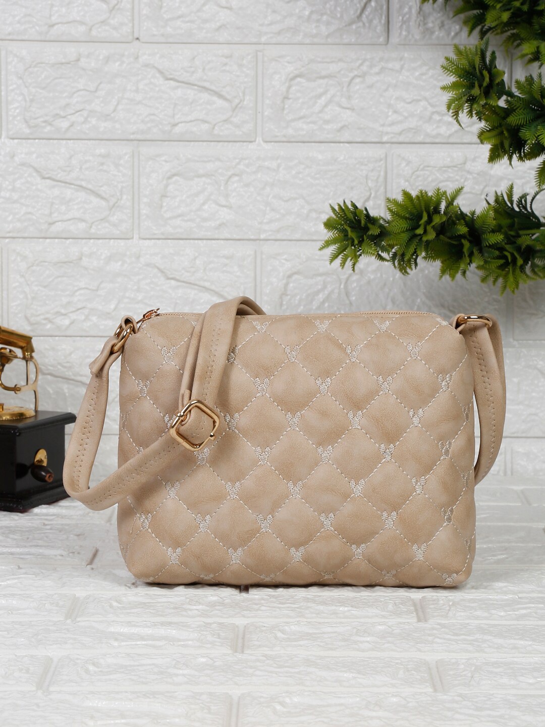 

Apsis Beige Structured Sling Bag with Quilted