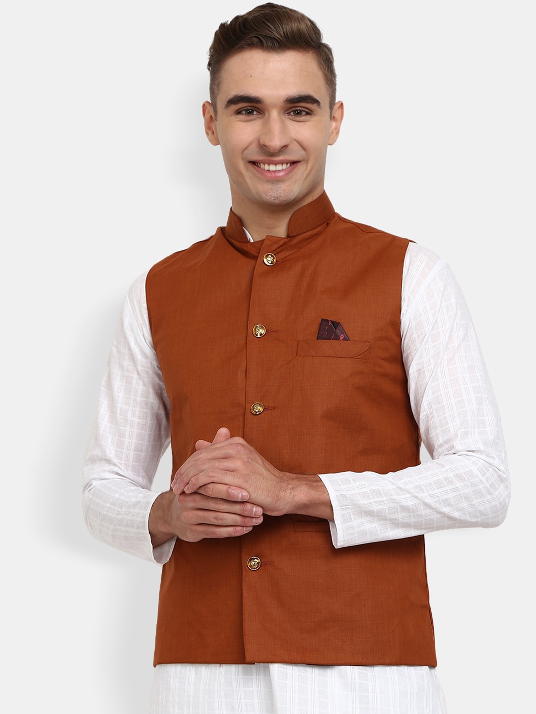 

V-Mart Men Rust-Brown Self Design Pure Cotton Nehru Jacket