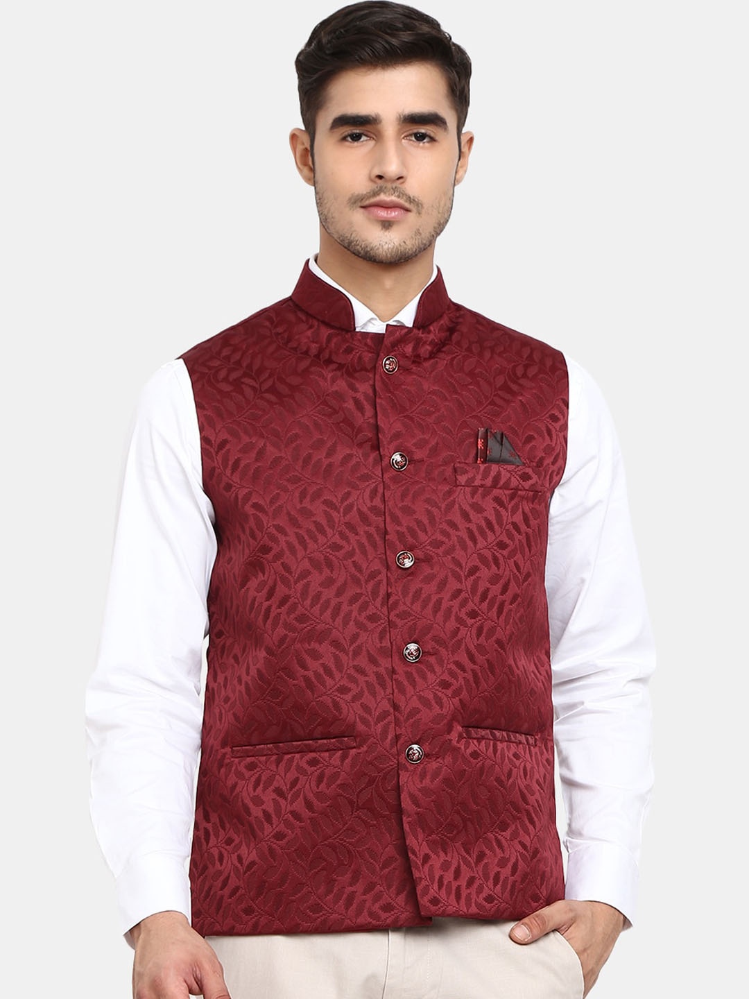 

V-Mart Men Maroon Self Design Nehru Jacket