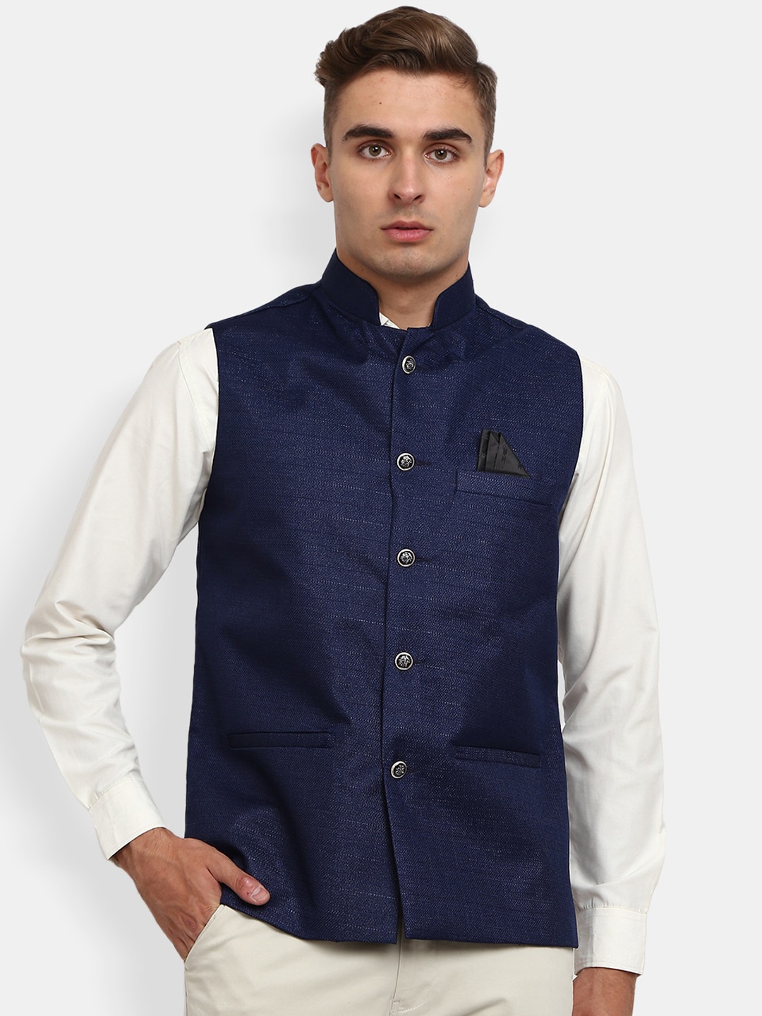 

V-Mart Men Navy Blue Solid Poly Cotton Nehru Jackets