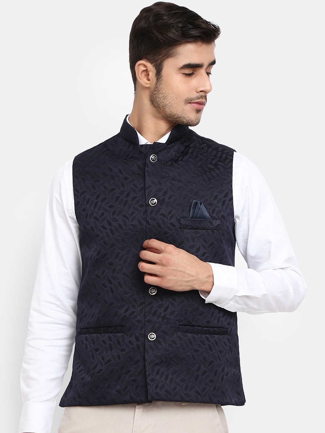 

V-Mart Men Navy Blue Solid Self-Design Nehru Jackets